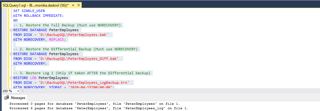 Command to restore SQL database using differential and transaction log backups